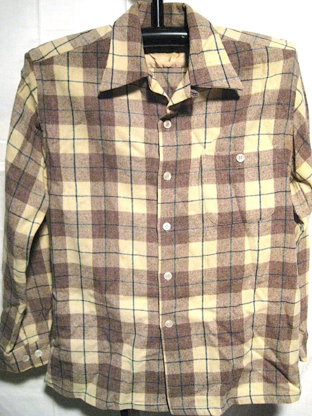 McGregor Plaid Brown Cream 1960s Wool Flannel Button Up Shirt Pocket
